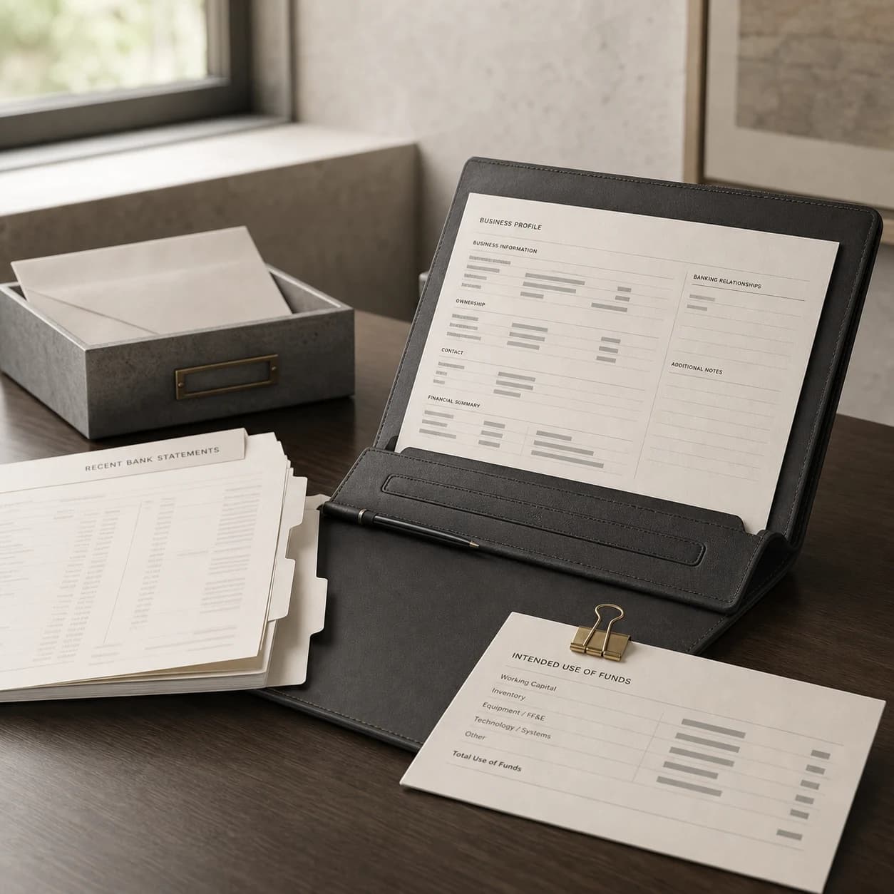 Business profile, recent bank statements, and intended use of funds organized in an intake folio