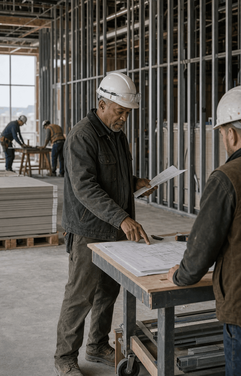 A general contractor reviewing plans with a foreman on an active buildout