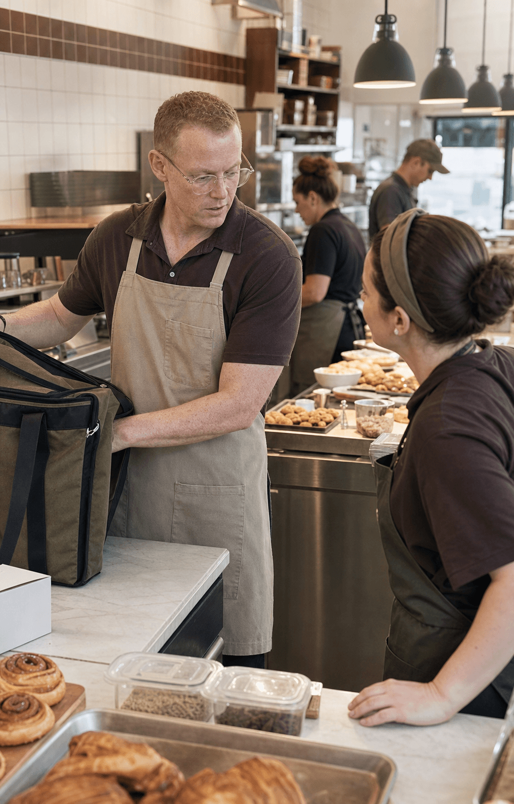 A bakery franchise owner coordinating a delivery with the morning team