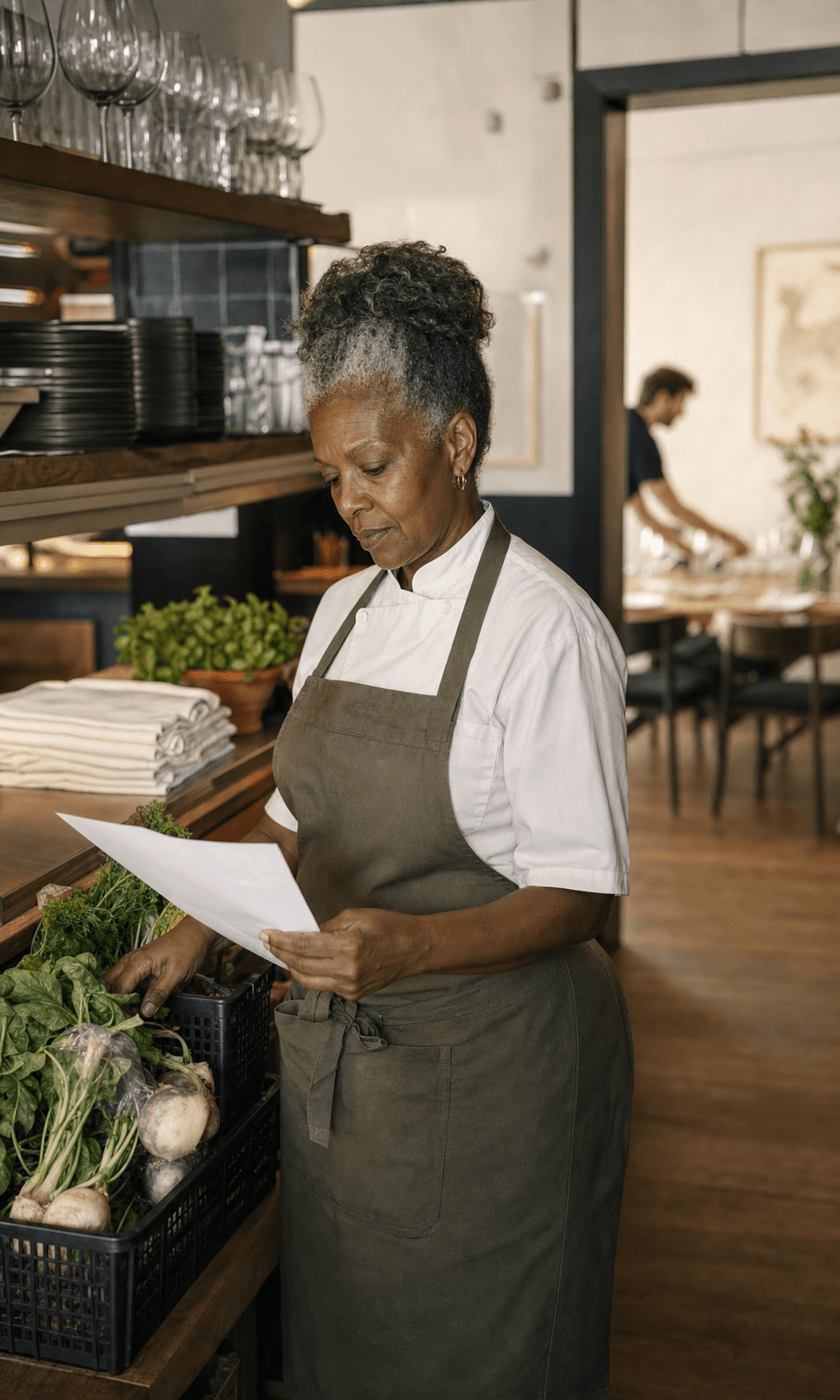A restaurant owner reviewing a produce delivery before service