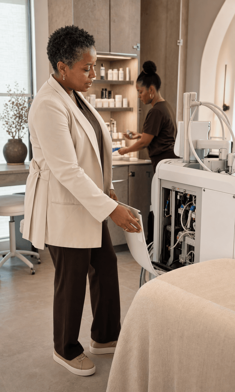 A medical aesthetics owner reviewing treatment equipment with a technician