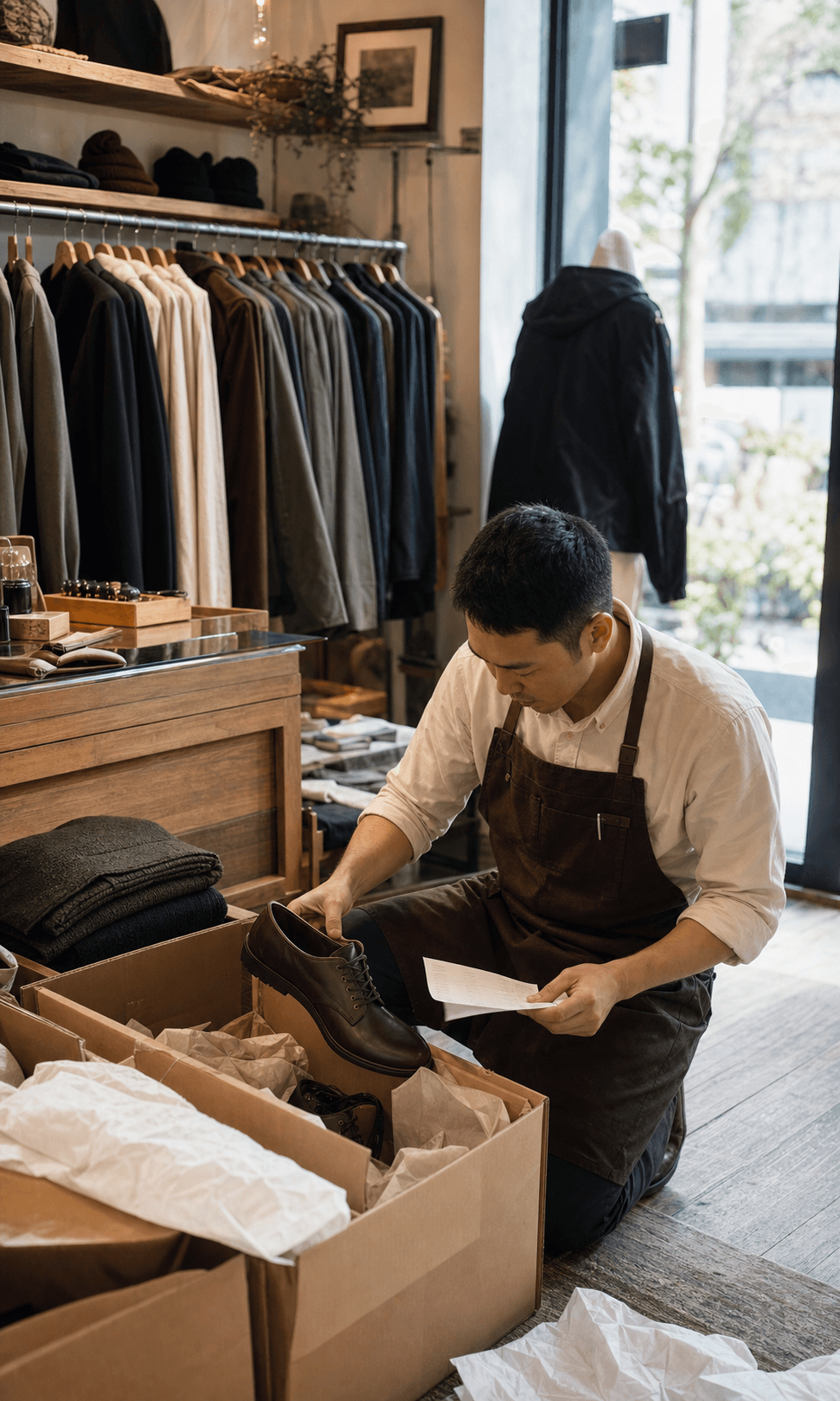 A menswear shop owner checking a new footwear delivery against inventory