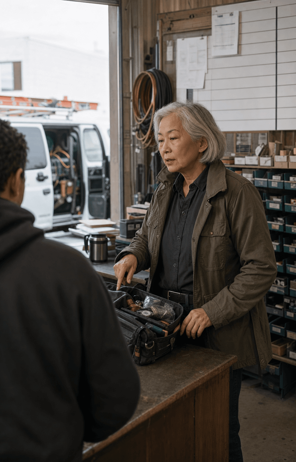 A field service company owner checking a technician's equipment before dispatch